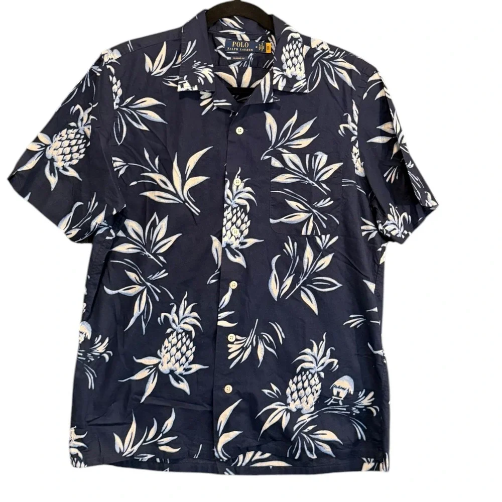 Polo Ralph Lauren Classic Fit Pineapple Camp Shirt Navy Hawaiian Mens Sz M